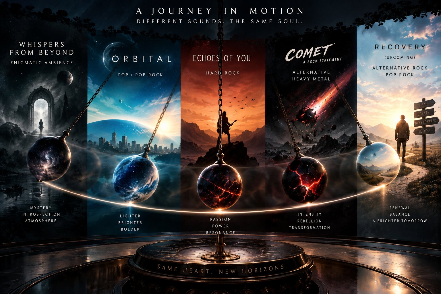A Journey in Motion — five eras: Whispers from Beyond, Orbital, Echoes of You, COMET, Recovery